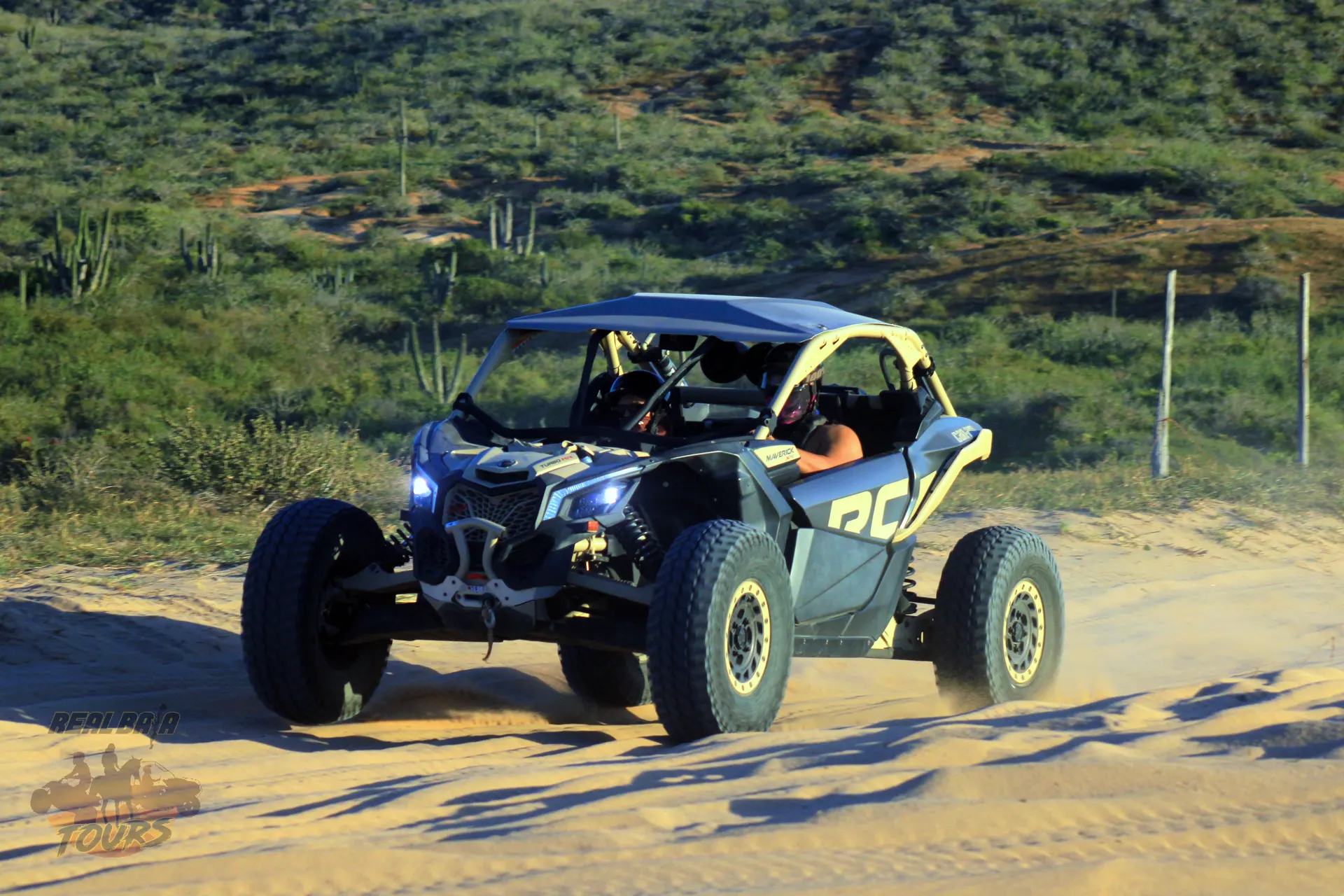 Can Am x3 Blue buggy on sandy sendero del desierto with saguaro cacti and vegetación desértica in Baja California Sur