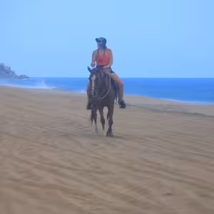 Woman horseback riding along a sandy beach with turquoise ocean, breaking waves, and a rocky point in the background