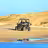Buggy vehicle with passengers driving on playa de arena near turquoise water in Baja California Sur desert landscape